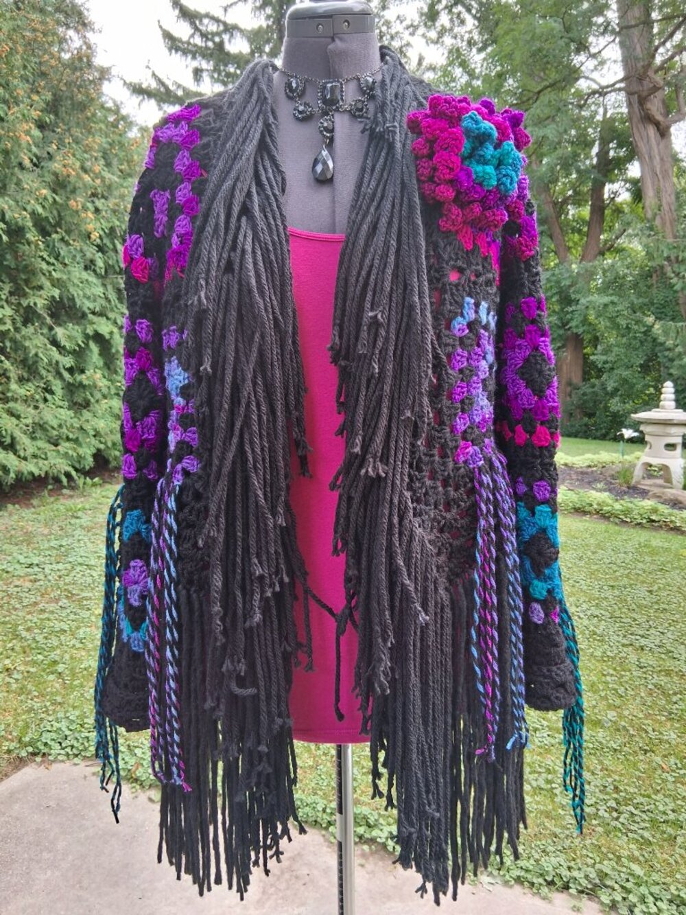 Boho Black Colorful Granny Square Super Fringe Sweater Large - Picture 13 of 13
